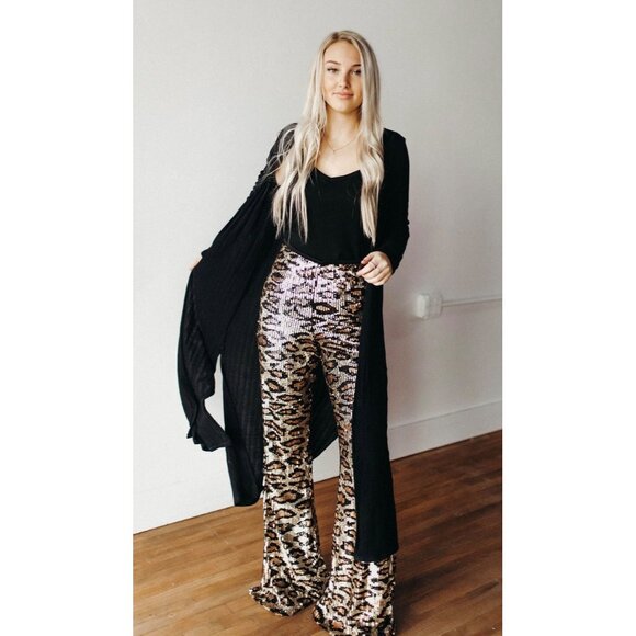 SHOW ME YOUR MUMU WOMEN'S CHEETAH / LEOPARD SEQUIN GRETTA FLARE PANTS - Sz Large - Picture 3 of 14